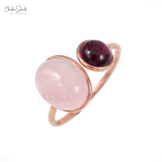 Solid 14k Rose Gold Open Cuff Ring With Oval Rose Quartz And Rhodolite Garnet Bridal Rings