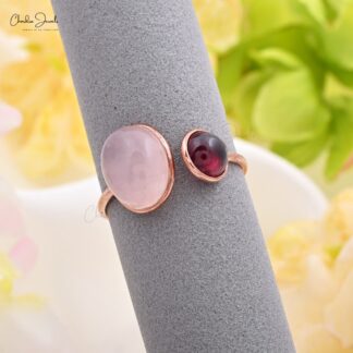 Solid 14k Rose Gold Open Cuff Ring With Oval Rose Quartz And Rhodolite Garnet Bridal Rings