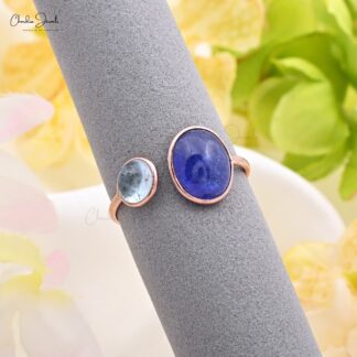 Natural Tanzanite & Aquamarine Promise Ring 14k Solid Rose Gold 2-Stone Ring For Love
