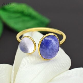 Solid 14k Yellow Gold Split Shank Ring Genuine Tanzanite & Rainbow Moonstone Promise Ring