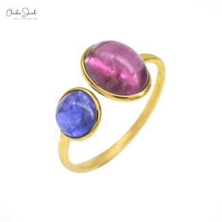Dual Stone Split Shank Ring With 10x8mm Pink Tourmaline Tanzanite 14k Yellow Gold Rings