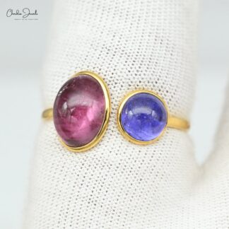 Dual Stone Split Shank Ring With 10x8mm Pink Tourmaline Tanzanite 14k Yellow Gold Rings