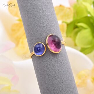 Dual Stone Split Shank Ring With 10x8mm Pink Tourmaline Tanzanite 14k Yellow Gold Rings