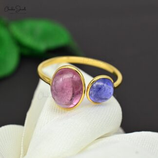 Dual Stone Split Shank Ring With 10x8mm Pink Tourmaline Tanzanite 14k Yellow Gold Rings