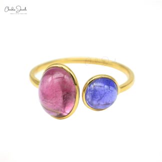 Dual Stone Split Shank Ring With 10x8mm Pink Tourmaline Tanzanite 14k Yellow Gold Rings