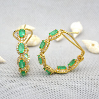 Gemstone Halo Hoops In 14k Real Yellow Gold Emerald G-H Diamond Latch Back Earrings
