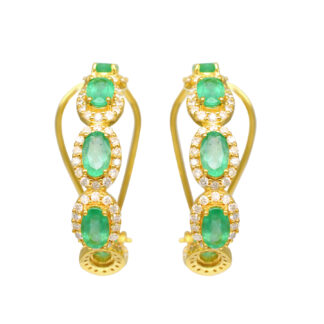 Gemstone Halo Hoops In 14k Real Yellow Gold Emerald G-H Diamond Latch Back Earrings