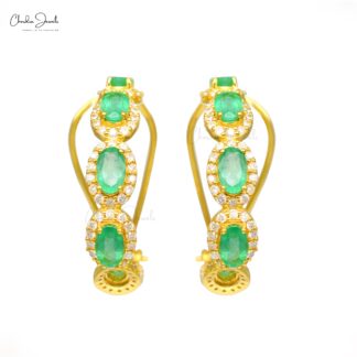 Halo Diamond Verified Hoop With 5x3mm Emerald Gemstone Women Earrings In 14k Yellow Gold