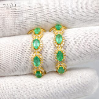 Halo Diamond Verified Hoop With 5x3mm Emerald Gemstone Women Earrings In 14k Yellow Gold