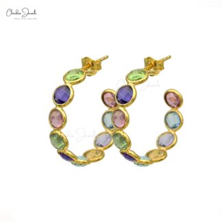 Pure 14k Yellow Gold Rainbow Hoops With 4.63 Ct Multi Gemstone Push Back Hallmark Earrings