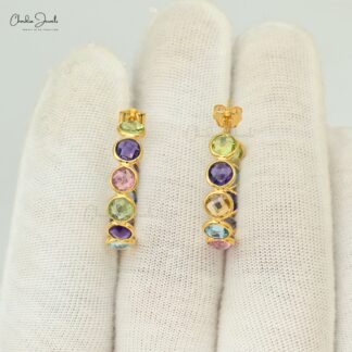 Pure 14k Yellow Gold Rainbow Hoops With 4.63 Ct Multi Gemstone Push Back Hallmark Earrings