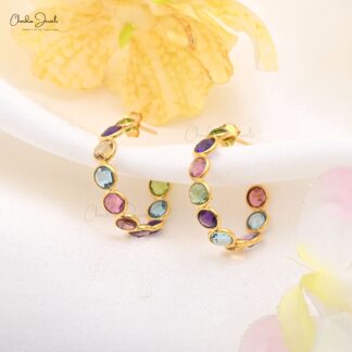 Pure 14k Yellow Gold Rainbow Hoops With 4.63 Ct Multi Gemstone Push Back Hallmark Earrings