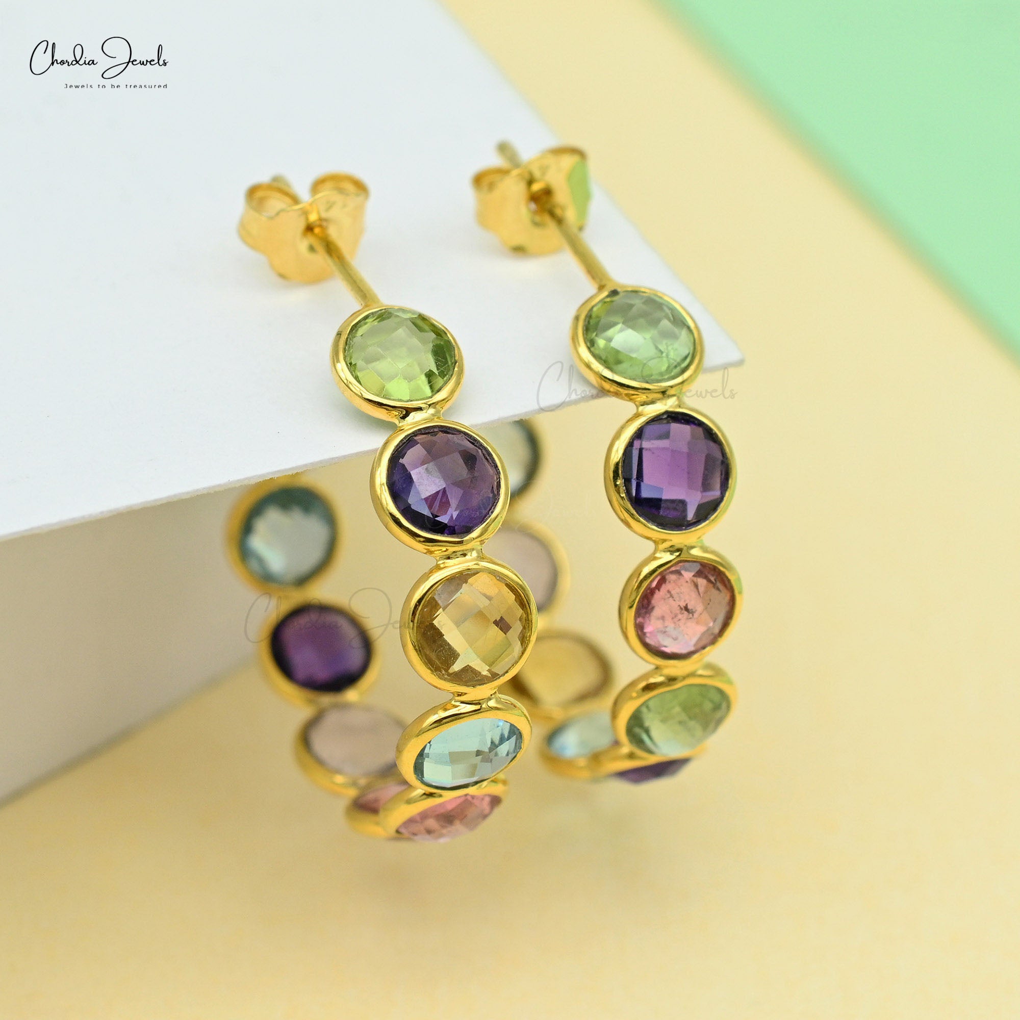 Pure 14k Yellow Gold Rainbow Hoops With 4.63 Ct Multi Gemstone Push Back Hallmark Earrings