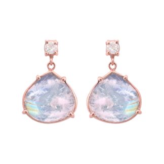 Dangle Bezel Set Women Earrings In 14k Rose Gold Rainbow Moonstone And Dimaond Earrrings
