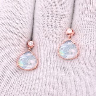 Dangle Bezel Set Women Earrings In 14k Rose Gold Rainbow Moonstone And Dimaond Earrrings