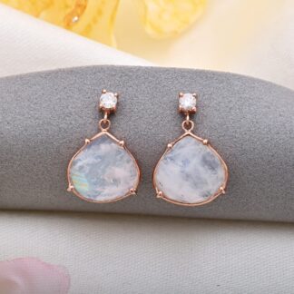 Natural Rainbow Moonstone & Diamond Dangle Earrings in 14k Rose Gold