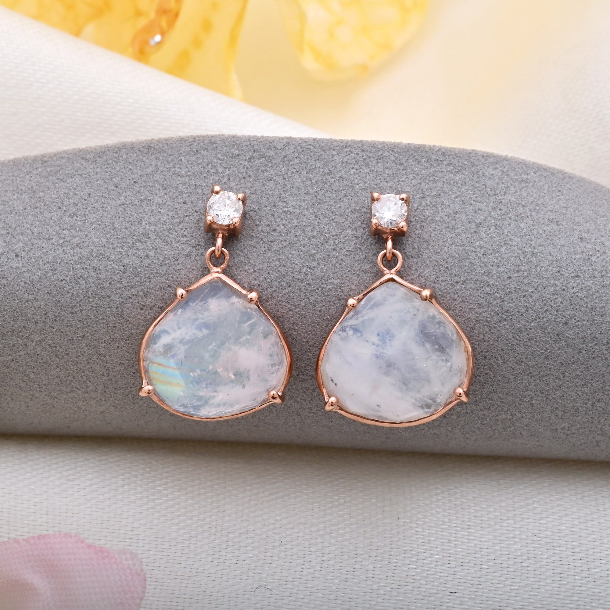 Dangle Bezel Set Women Earrings In 14k Rose Gold Rainbow Moonstone And Dimaond Earrrings