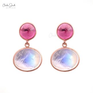 Dangle Pink Tourmaline Earring In 14k Pure Rose Gold Moonstone 2 Stone Earrings For Her