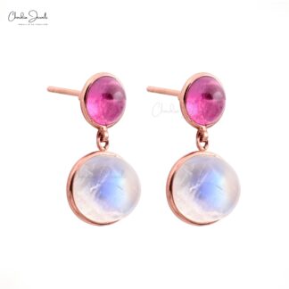 Dangle Pink Tourmaline Earring In 14k Pure Rose Gold Moonstone 2 Stone Earrings For Her