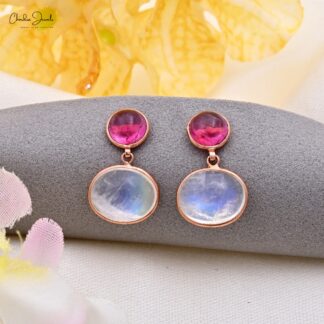 Dangle Pink Tourmaline Earring In 14k Pure Rose Gold Moonstone 2 Stone Earrings For Her