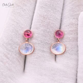 Dangle Pink Tourmaline Earring In 14k Pure Rose Gold Moonstone 2 Stone Earrings For Her