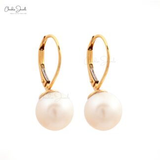 Solitaire Round Ball Leverback Hoops With 9mm Pearl 14k Yellow Gold Bridal Earrings
