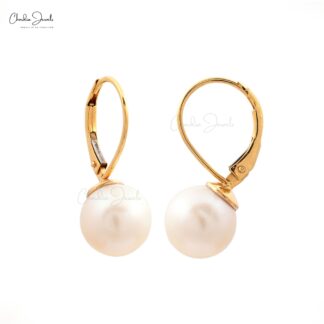 Solitaire Round Ball Leverback Hoops With 9mm Pearl 14k Yellow Gold Bridal Earrings