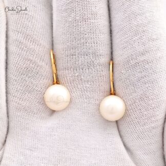 Solitaire Round Ball Leverback Hoops With 9mm Pearl 14k Yellow Gold Bridal Earrings