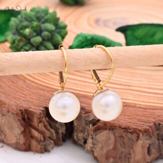 Solitaire Round Ball Leverback Hoops With 9mm Pearl 14k Yellow Gold Bridal Earrings