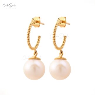 Dangling Pearl Hoop Earrings In 14k Real Yellow Gold Sphere Drill Handmade Fine Jewelry