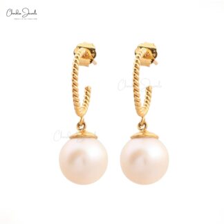 Dangling Pearl Hoop Earrings In 14k Real Yellow Gold Sphere Drill Handmade Fine Jewelry