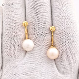 Dangling Pearl Hoop Earrings In 14k Real Yellow Gold Sphere Drill Handmade Fine Jewelry