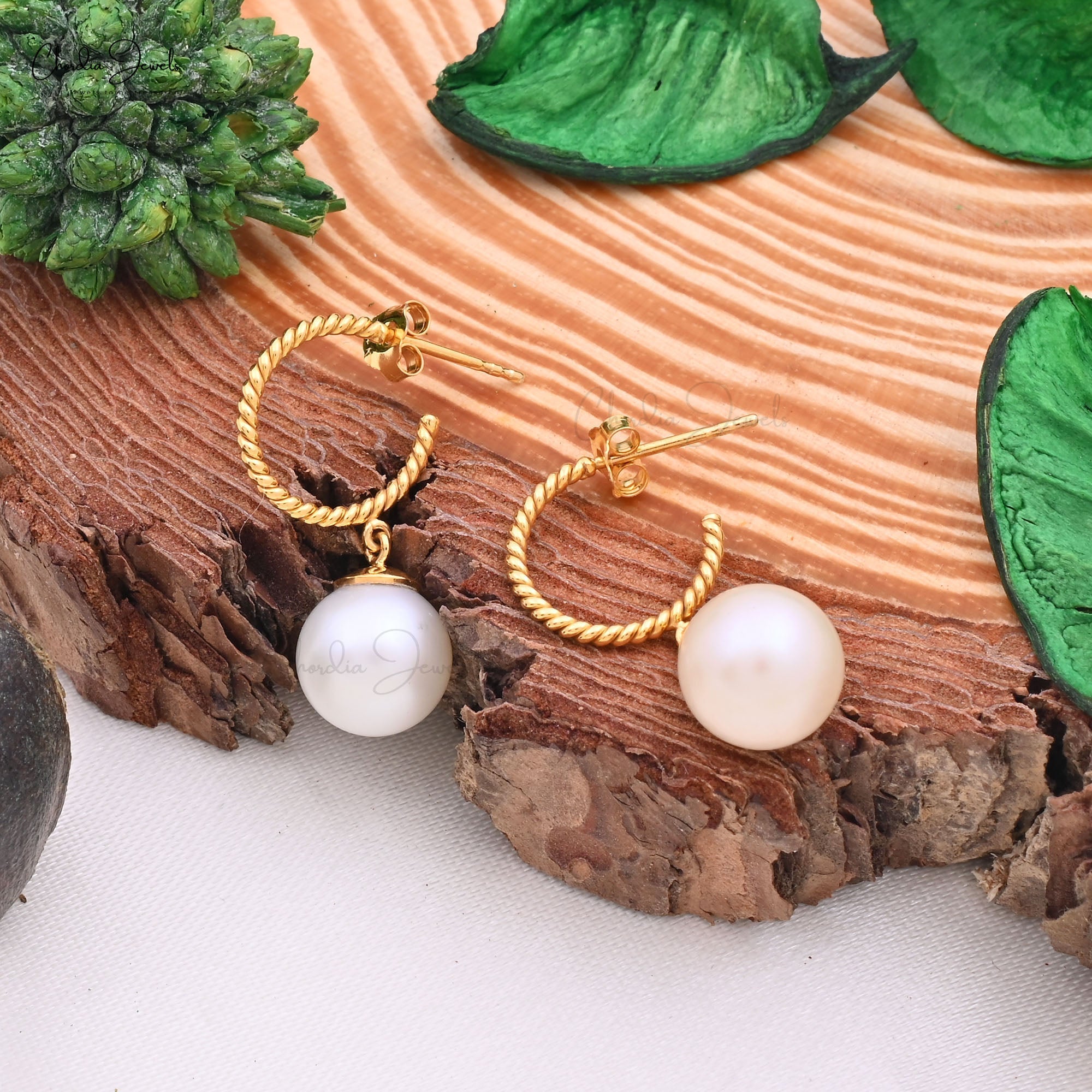 Dangling Pearl Hoop Earrings In 14k Real Yellow Gold Sphere Drill Handmade Fine Jewelry