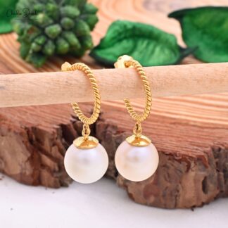 Dangling Pearl Hoop Earrings In 14k Real Yellow Gold Sphere Drill Handmade Fine Jewelry