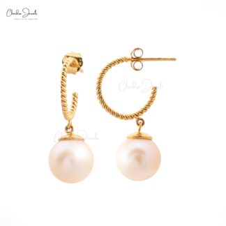Dangling Pearl Hoop Earrings In 14k Real Yellow Gold Sphere Drill Handmade Fine Jewelry