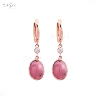 Genuine Pink Tourmaline & Diamond Accents in 14k Real Rose Gold Dangle Earrings