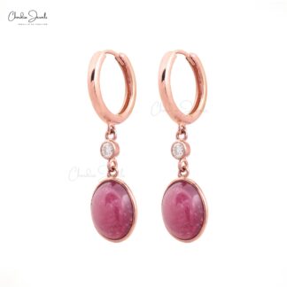 Genuine Pink Tourmaline & Diamond Accents in 14k Real Rose Gold Dangle Earrings