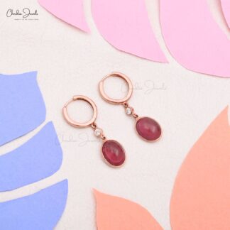 Genuine Pink Tourmaline & Diamond Accents in 14k Real Rose Gold Dangle Earrings