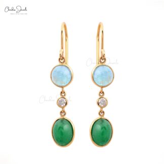 Solid 14k Yellow Gold 3 Stone Earring With 2.62 Ct Emerald And Aquamarine Dangle Earrings