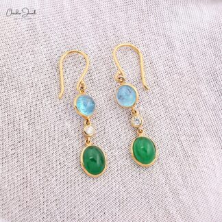 Solid 14k Yellow Gold 3 Stone Earring With 2.62 Ct Emerald And Aquamarine Dangle Earrings