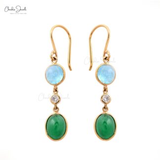 Dangle Emerald Earrings In 14k Real Yellow Gold Aquamarine And Diamond 3 Stone Earrings