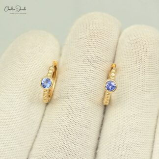 0.28Ct Blue Tanzanite Bezel Set Huggie Hoops with 14k Solid Yellow Gold Earrings