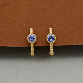 0.28Ct Blue Tanzanite Bezel Set Huggie Hoops with 14k Solid Yellow Gold Earrings