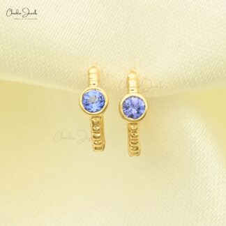 0.28Ct Blue Tanzanite Bezel Set Huggie Hoops with 14k Solid Yellow Gold Earrings