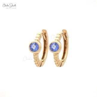 0.28Ct Blue Tanzanite Bezel Set Huggie Hoops with 14k Solid Yellow Gold Earrings