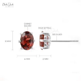 Oval Red Garnet Solitaire Studs In 925 Solid Silver Prong Set Push Back Earrings For Her