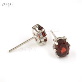 Oval Red Garnet Solitaire Studs In 925 Solid Silver Prong Set Push Back Earrings For Her