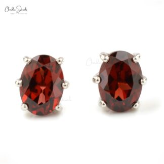 Oval Red Garnet Solitaire Studs In 925 Solid Silver Prong Set Push Back Earrings For Her