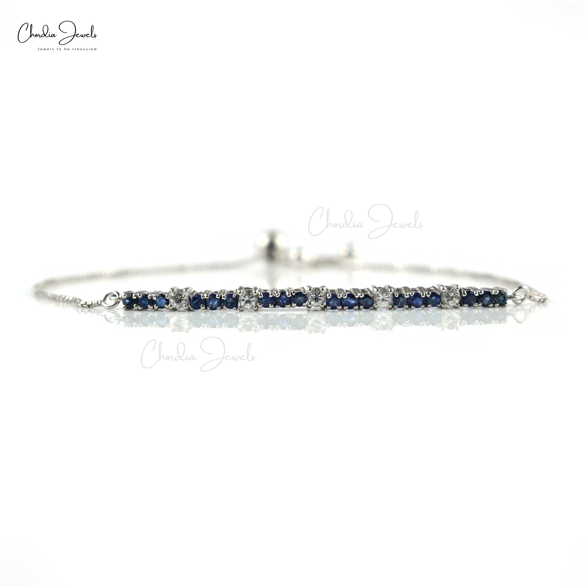 Genuine Blue Sapphire And White Zircon 925 Solid Silver Dainty Tennis Bracelet For Her