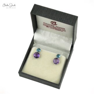AAA Amethyst & Swiss Blue Topaz Briolette 2 Stone Stud Earrings In 925 Sterling Silver